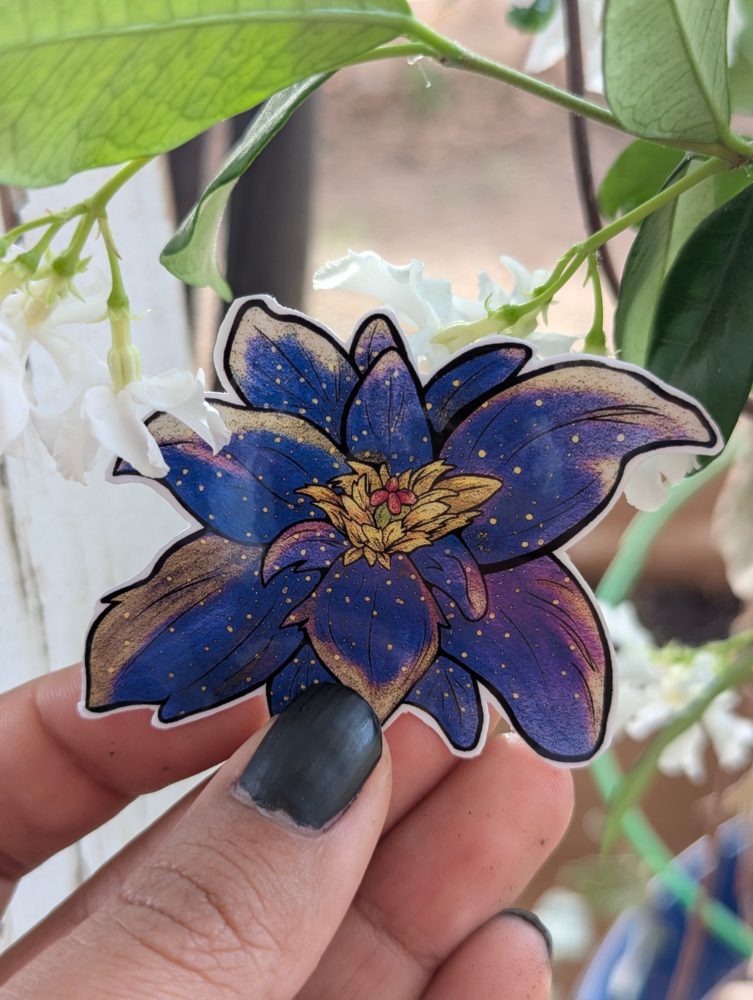 Gleaming violet flower illustrated sticker, purple fantasy botanical art
