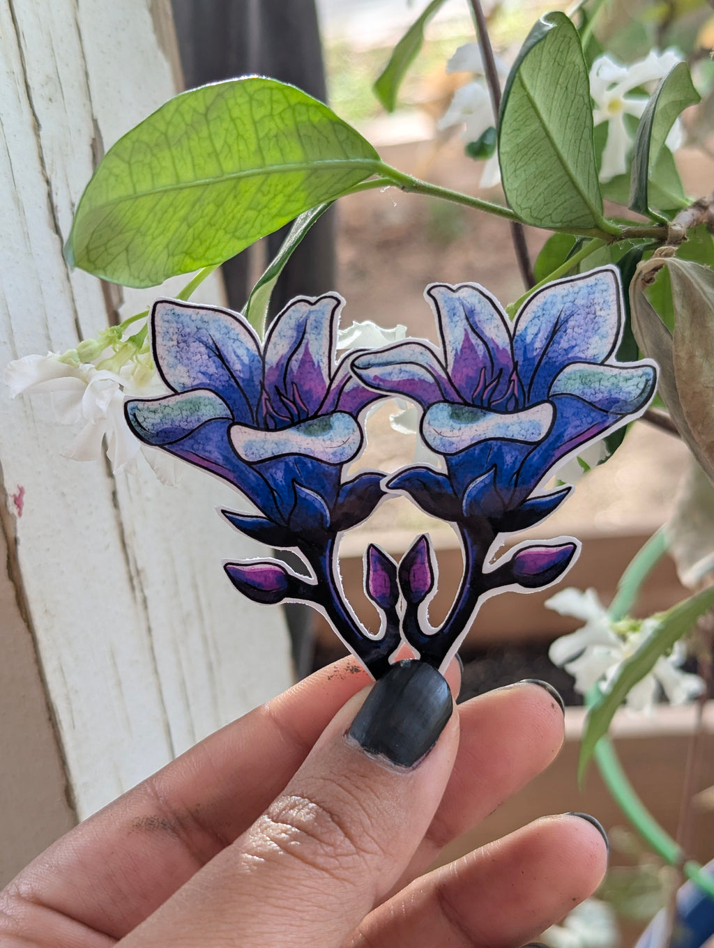Two moon flowers illustrated sticker, magical floral fantasy art
